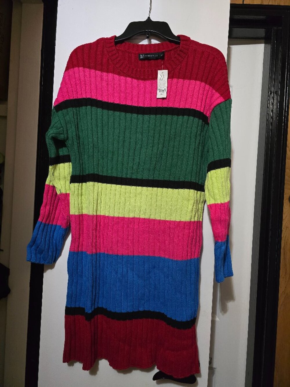 New York & Company Multicolor Stripe Ribbed Women's Sweater Dress - Size Large